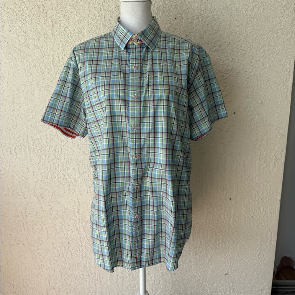 Robert Graham Short Sleeve Plaid Flip Cuff Shirt Mens Tailored Fit XL Green